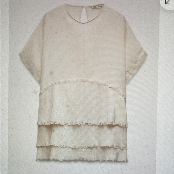 Zara ruffle frayed edges short sleeve Cream Women's Top- new - Picture 3 of 6
